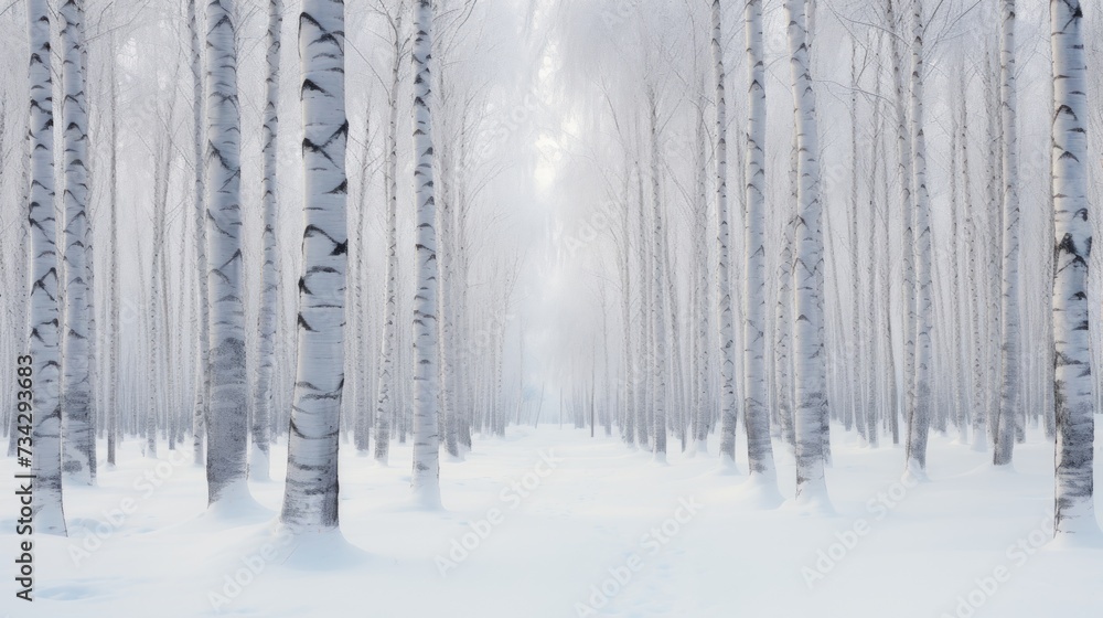 Canvas Prints a snow covered forest filled with lots of trees and a person walking in the middle of the forest on a snow covered path.