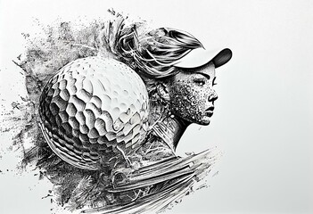Dynamic golf sport ball monochrome ink drawing illustration on white background, vertical tournament poster. Generative AI - obrazy, fototapety, plakaty