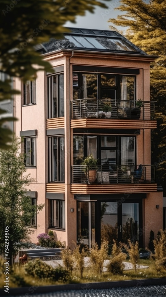 Aufkleber 3d rendering of a house with balconies and trees.