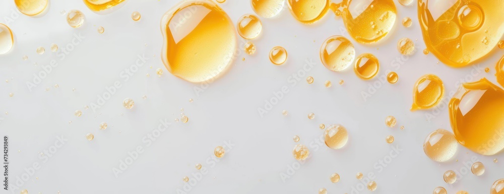 Poster the image captures numerous shiny yellow oil droplets of varying sizes scattered across a sleek, ref