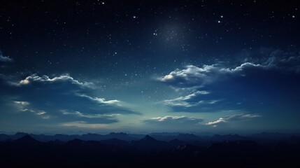 a night sky with clouds and stars above a mountain range with mountains in the foreground and a bright star in the middle of the sky.
