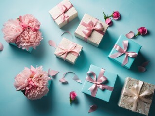 Gift boxes with pink flowers on a blue background.
