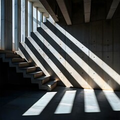 a stair case in a building with the sun shining through the windows