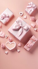 Pink gift boxes with bows and hearts on a pink background.