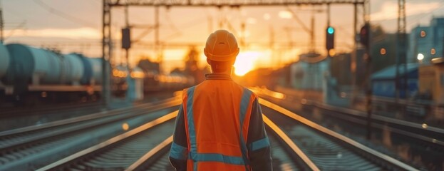 An engineer wearing an orange vest stands on a train track, inspecting and checking the condition of the track. - obrazy, fototapety, plakaty