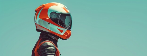 A profile view of a person wearing a futuristic red and white motorcycle helmet.