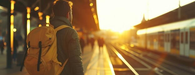 A male traveler stands with a yellow backpack on a crowded train platform, backlit by the warm glow of the setting sun. - obrazy, fototapety, plakaty