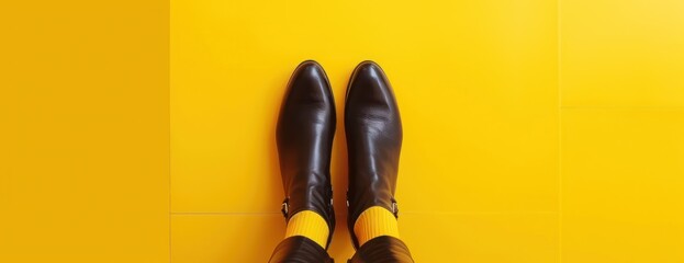 A close-up photograph showcasing a pair of brown leather shoes resting on top of a vibrant yellow floor. - obrazy, fototapety, plakaty