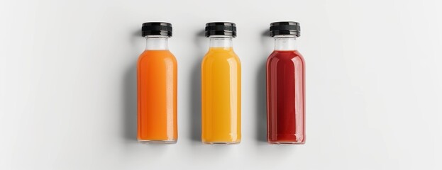 Three bottles of natural vegetable or fruit juices placed on a white surface.