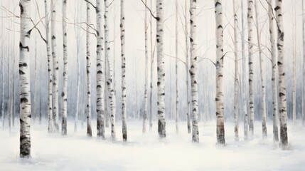 a painting of a snowy forest with lots of trees in the foreground and a white sky in the background.
