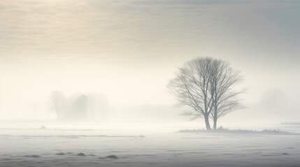 a foggy landscape with a lone tree in the foreground and a few other trees in the far distance.