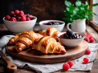Freshly baked croissants with berries and jam on wooden rustic table