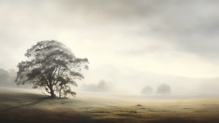 Fototapeta premium a painting of a foggy field with a lone tree in the foreground and a single tree on the far side of the field.