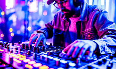 DJ Mixing Tracks at a Neon-Lit Club Event.