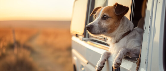 Dog looks through the Campvan window, on the road - obrazy, fototapety, plakaty