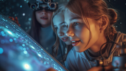 Curious children gaze at stars. Planetarium visit, cosmic exploration, educational experience - obrazy, fototapety, plakaty