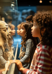 Fototapeta na wymiar children carefully examine exhibits in a historical museum, a child looks at an ancient statue, kids, schoolchildren on an excursion, Egypt, study, people in the exhibition hall, archeology