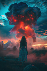 Woman stands in front of a nuclear explosion. Atomic bomb