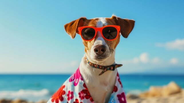 dog dressed as a cow and sunglasses, with a sunny beach background, generative ai