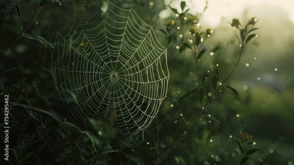 Poster a close up of a spider web on a leafy branch with drops of water on the spider's web.