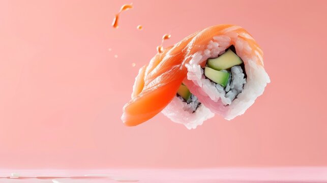 a piece of sushi with cucumber, avocado, and cucumber on a pink background.