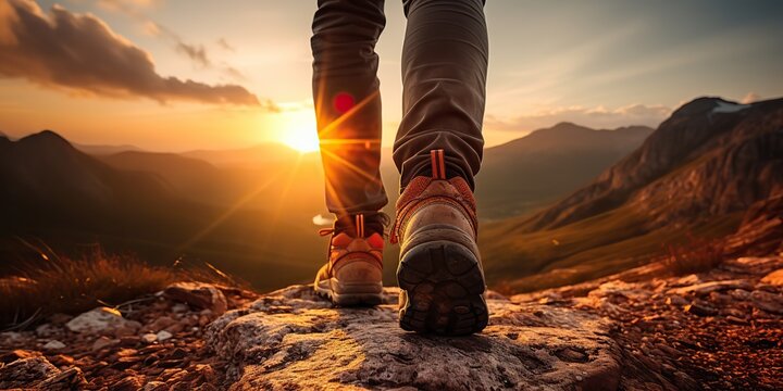 Outdoor nature adventure travel journey wild activity with mountain landscape and person do trekking