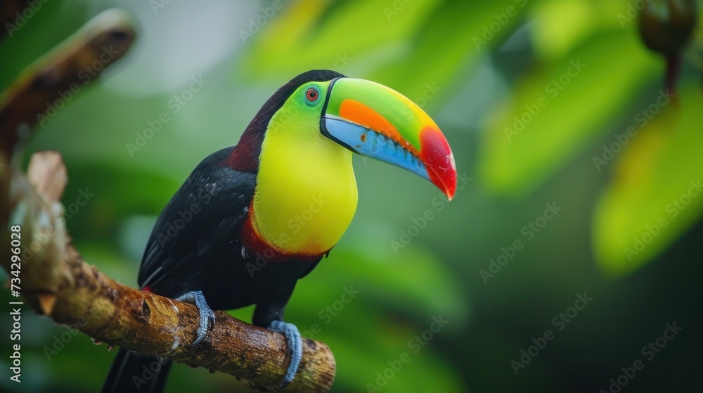 Poster a colorful toucan sitting on top of a tree branch in front of a green leafy tree branch.