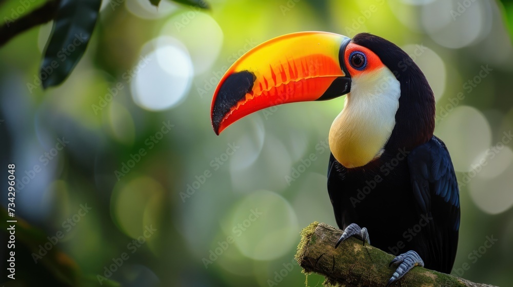 Poster a close up of a toucan on a tree branch with blurry trees in the backgroud.
