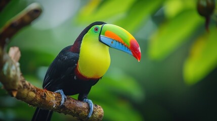 Obraz premium a colorful toucan sitting on top of a tree branch in front of a green leafy tree branch.