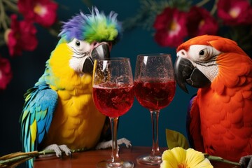 Colorful Parrots party glasses. Carnival talk. Generate Ai