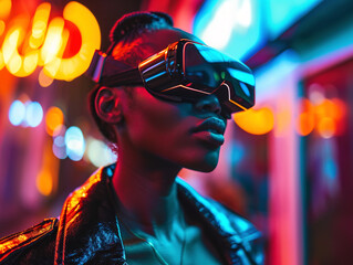 Young black woman with virtual reality headset on night city street with neon lights.