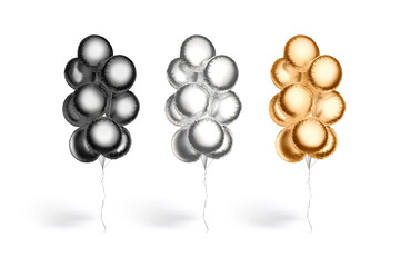 Blank black, gold and silver round balloon bouquet mockup, isolated