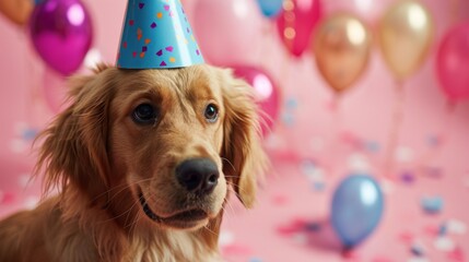 Puppy with birthday hat, pink background, generative ai