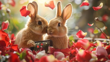 Rabbits surrounded by rose petals, exchanging loving glances, generative ai