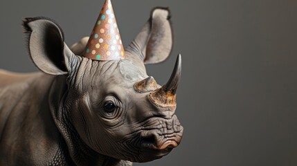 Obraz premium Rhino calf with birthday hat, gray background, generative ai