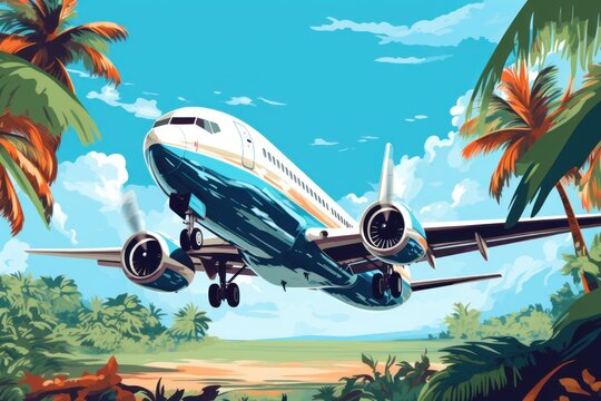 Passenger airplane tropical palm. Summer travel. Generate Ai