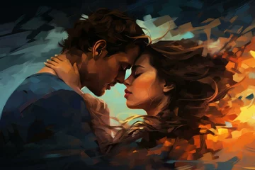 Fotobehang Romantic Passionate kiss illustration art. Couple passion love romance dating. Generate Ai © juliars