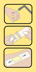 The illustration demonstrates the process of applying a medical plaster to the skin. The instruction provides a detailed explanation of the procedure steps, starting from cleaning the skin area to rem