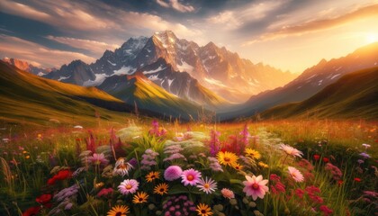 Idyllic sunset scenery: flower meadow in golden hour and view to surround mountains at Alpe di Siusi, South Tyrol, Italy