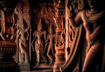 AI generated image of the lovely carvings inside the ancient Meenakshi Hindu temple in Madurai, Tamil Nadu, India. Generative AI