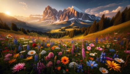 Idyllic sunset scenery: flower meadow in golden hour and view to surround mountains at Alpe di Siusi, South Tyrol, Italy - obrazy, fototapety, plakaty