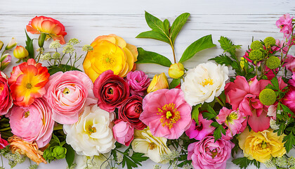 Obraz premium Vibrant Floral Beautiful bouquet on white wooden background. Flower frame.