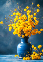 Beautiful bouquet of mimosa flowers in a blue vase. Spring floral still life. - obrazy, fototapety, plakaty