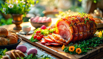 Festive Easter Brunch Spread with Glazed Ham, easter eggs, salads, assorted appetizers and  spring flowers in garden