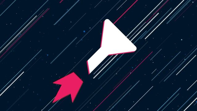 Funnel symbol flies through the universe on a jet propulsion. The symbol in the center is shaking due to high speed. Seamless looped 4k animation on dark blue background with stars