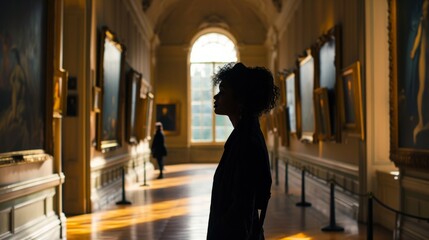 solo museum-goer, absorbed in the emotion conveyed by a particular artwork generative ai