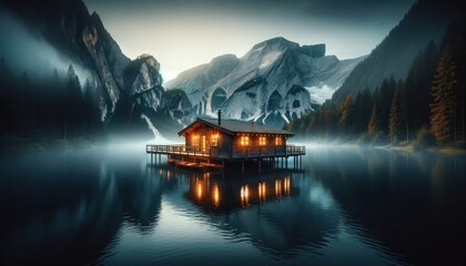 A wooden cottage located at the shore of Millstaetter lake in Austria. The lake is surrounded by high Alps. Calm surface of the lake reflecting the mountains.Golden hour. Calmness and serenity - obrazy, fototapety, plakaty