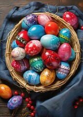 Fototapeta na wymiar Happy Easter Cards & Greetings. Easter greeting card of vibrant Easter eggs in a rustic basket. Easter eggs patterns