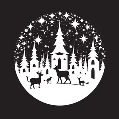 Shadowed Snowy Scenery Chic Vector Christmas Card Graphic Gothic Glistening Gifts Galore Sophisticated Black Card Illustration