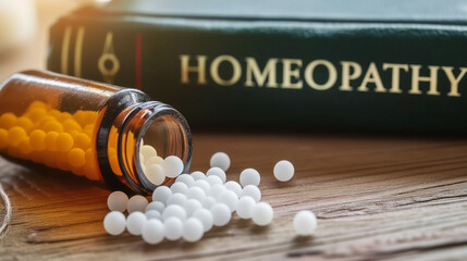 White homeopatic globules spilled from a glass bottle, with a homeopathy book in the background - obrazy, fototapety, plakaty